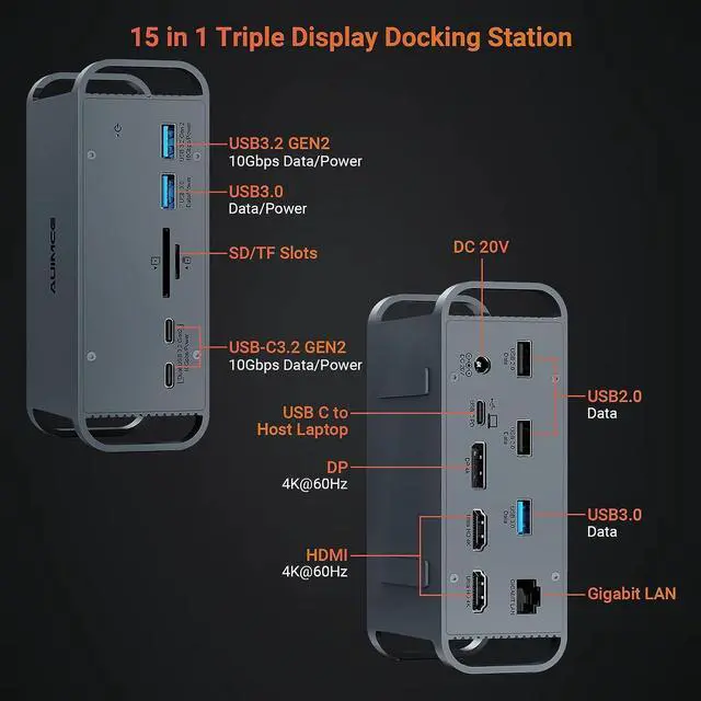 Alt view image 2 of 7 - USB C Docking Station Triple Monitor,15 in 1 USB C Dock Laptop Docking Station with Dual HDMI DP 4K@60Hz, 8 USB Ports Max 10Gbps,65W AC Power Adapter,TF/SD Card,Type C hub for MacBook Pro/Air Windows
