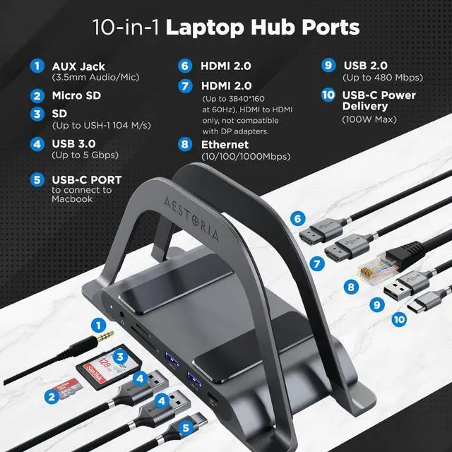 Alt view image 3 of 7 - Aestoria Windows USB C Docking Station Dual Monitor - 10 Ports with 2X HDMI, 2X USB 3.0, 1x USB-C (100W PD), and Ethernet Ports. Universal Laptop Docking Station for Dell, Lenovo, HP, and MacBook