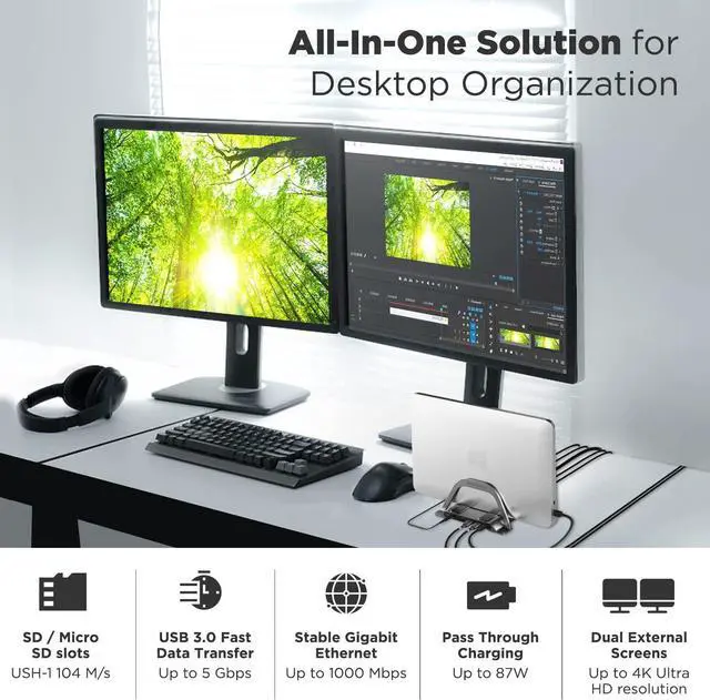 Alt view image 5 of 7 - Aestoria Windows USB C Docking Station Dual Monitor - 10 Ports with 2X HDMI, 2X USB 3.0, 1x USB-C (100W PD), and Ethernet Ports. Universal Laptop Docking Station for Dell, Lenovo, HP, and MacBook