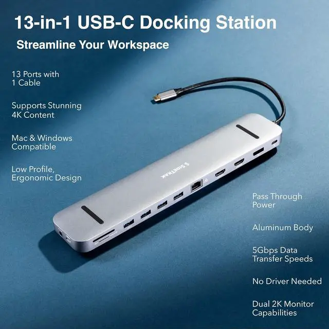 Alt view image 3 of 7 - SideTrak 4K Docking Station 13-in-1 - USB-C, USB-A 3.0, HDMI, 4k 60Hz Display, Ethernet, Audio Jack, Windows MST, Mac SST |  Docking Station, Thunderbolt Dock, Power Battery, Surface Tablet Dock