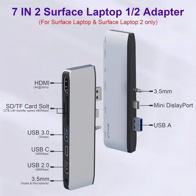 Alt view image 2 of 7 - Surface Laptop 2 Docking Station, Microsoft Surface Laptop 2 USB Hub with 4K HDMI, USB 3.0, USB C, USB 2.0, SD Card Slot, TF Card Slot, 3.5 Audio Port, Only for Surface Laptop Gen 1 Gen 2