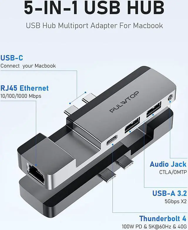 Alt view image 2 of 7 - PULWTOP USB C Hub for MacBook, USB C Hub Multiport Adapter with Multifunctional USB C Port(Support 5K@60Hz,Data Transmission,100W Power Delivery), Gigabit Ethernet,2*USB 3.2,for M1M2 MacBook Air/Pro