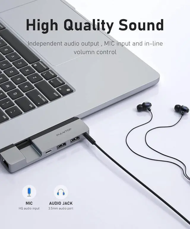 Alt view image 5 of 7 - PULWTOP USB C Hub for MacBook, USB C Hub Multiport Adapter with Multifunctional USB C Port(Support 5K@60Hz,Data Transmission,100W Power Delivery), Gigabit Ethernet,2*USB 3.2,for M1M2 MacBook Air/Pro