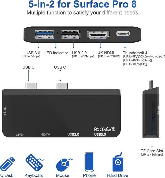Alt view image 2 of 7 - Surface Pro 8 Hub Docking Station with USB-C Thunerbolt 4 (Display+Data+PD Charging), 4K HDMI, USB 3.0, USB 2.0, TF Card Slot, Triple Display (Surface Pro 8+HDMI+USB C) for Microsoft Surface Pro 8
