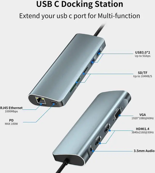 Alt view image 2 of 7 - USB C Docking Station Dual Monitor,10 in 1 Laptop Docking Station Triple Display USB Type C Hub Multiport Adatper With2 HDMI,VGA,100W PD,Ethernet,Audio,2 USB 3.0,SD/TF for laptop