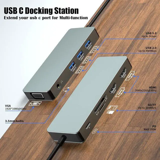 Alt view image 2 of 6 - USB C Hub Multiport Adapter,10 in 1 Laptop Docking Station Triple Display USB Type C Hub Multiport Adatper with 2 HDMI,VGA,100W PD,3 USB 3.0,3.5mm Audio,SD/TF for MacBook Air,Pro,,HP,XPS