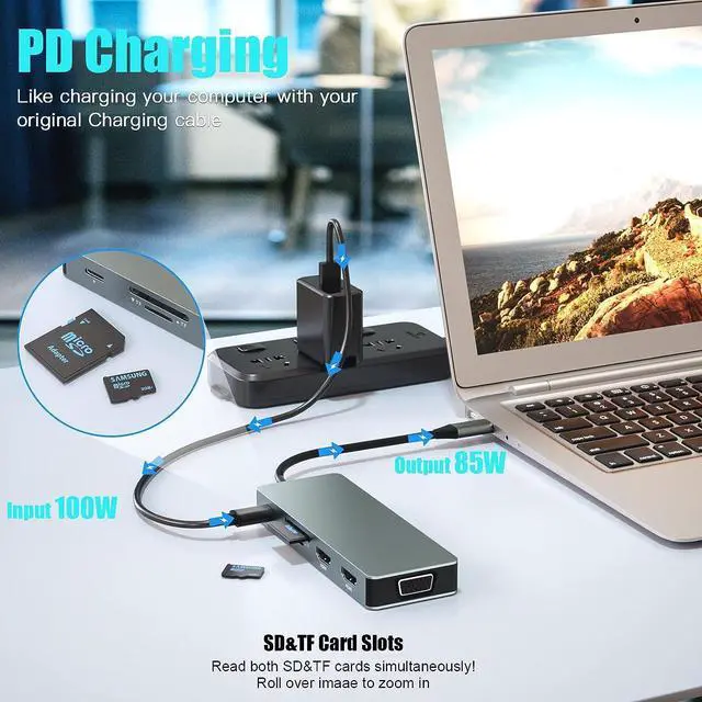 Alt view image 5 of 6 - USB C Hub Multiport Adapter,10 in 1 Laptop Docking Station Triple Display USB Type C Hub Multiport Adatper with 2 HDMI,VGA,100W PD,3 USB 3.0,3.5mm Audio,SD/TF for MacBook Air,Pro,,HP,XPS