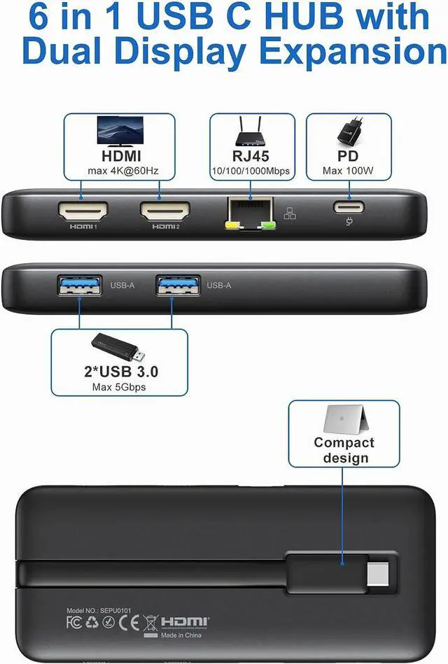 Alt view image 2 of 7 - USB C Docking Station Dual Monitor, USB C to Dual HDMI Adapter, Laptop Docking Station with Dual 4K HDMI+Gigabit Ethernet+2 USB3.0+100W PD Port for Dell/Surface/HP/Lenovo Laptop