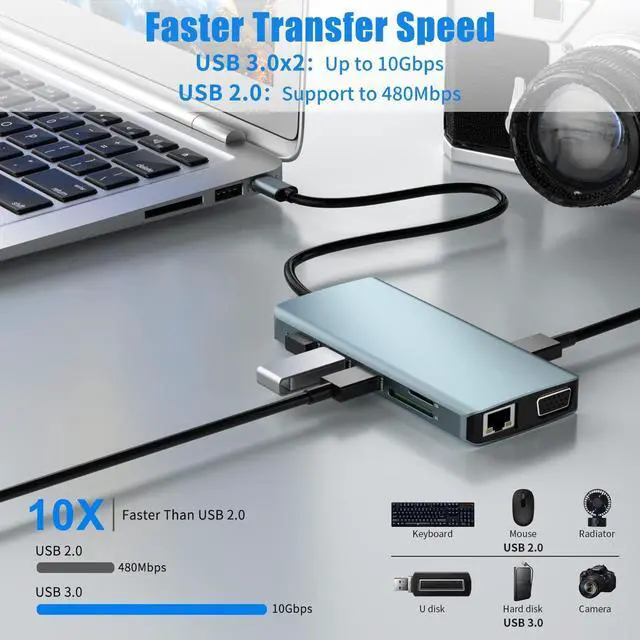 Alt view image 6 of 6 - USB C Docking Station Dual Monitor,Laptop Docking Station,12 in 1 Triple Display USB C Hub Multiport Adapter to Dual 4K HDMI,VGA,100W PD,3 USB 3.0,USB-A,RJ45,SD/TF,Audio for MacBook and Type C Laptop