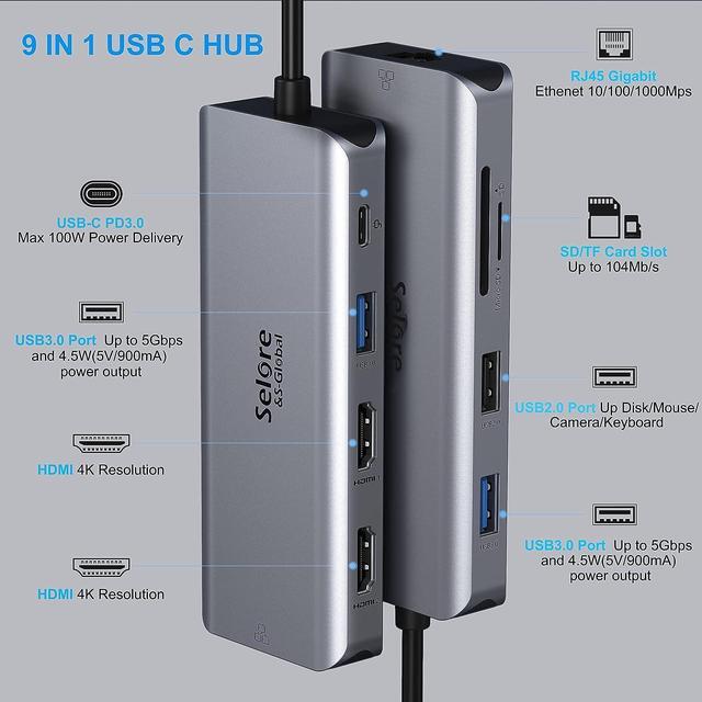 Alt view image 2 of 7 - USB C Docking Station Dual HDMI, 9 in 1 USB C Hub HDMI Adapter,Ethernet,2 USB 3.0,1 USB 2.0 and SD/TF Card Reader,100W PD,Laptop Docking Station Dual Monitor for MacBook/HP/Lenovo/Dell etc