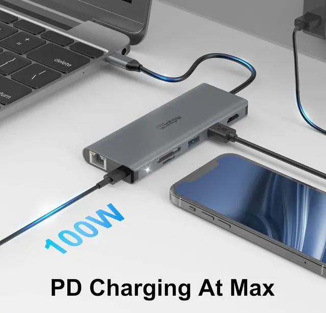 Alt view image 5 of 7 - Intpw USB C Hub, 4K USB C to HDMI Adapter, Gigabit Ethernet, MicroSD/SD Card Reader, 2 USB 3.0 Ports, Power Delivery for MacBook Pro, Nintendo Switch, XPS, Galaxy S9/S8, and More (Space Grey) 7-in-1