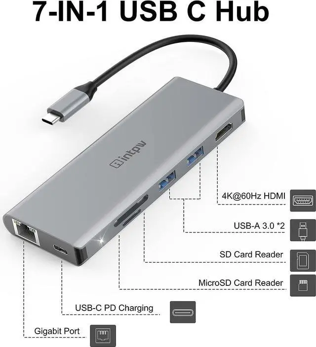 Alt view image 2 of 7 - Intpw USB C Hub, 4K USB C to HDMI Adapter, Gigabit Ethernet, MicroSD/SD Card Reader, 2 USB 3.0 Ports, Power Delivery for MacBook Pro, Nintendo Switch, XPS, Galaxy S9/S8, and More (Space Grey) 7-in-1