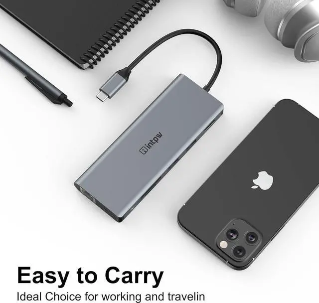 Alt view image 6 of 7 - Intpw USB C Hub, 4K USB C to HDMI Adapter, Gigabit Ethernet, MicroSD/SD Card Reader, 2 USB 3.0 Ports, Power Delivery for MacBook Pro, Nintendo Switch, XPS, Galaxy S9/S8, and More (Space Grey) 7-in-1