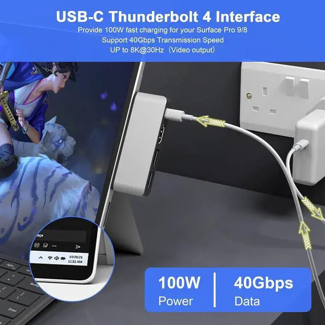 Alt view image 6 of 7 - Surface Pro 8 Adapter, Surface Pro 8 Docking Station with 4K HDMI+USB-C Thunderbolt 4 (Display+Data+PD 100W)+USB 3.0/2.0+TF Card Slot, Triple Display USB C Hub for Surface Pro 8