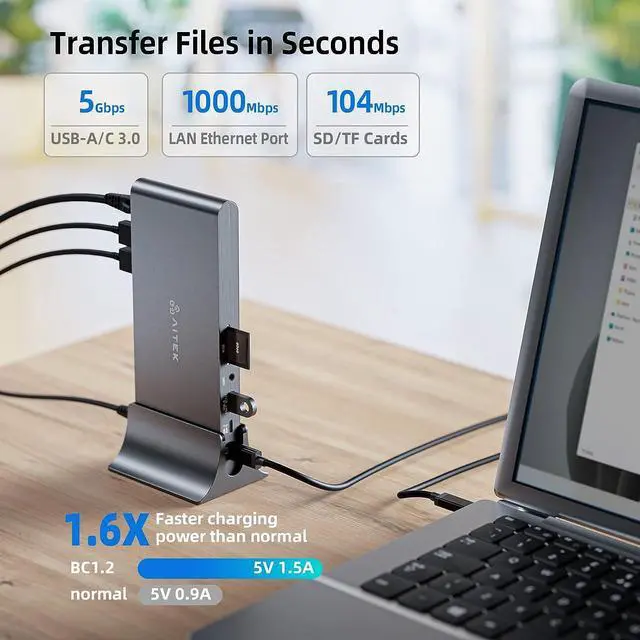 Alt view image 5 of 7 - Aitek USB C Docking Station: 13-in-1 Windows Universal Laptop Dock with Triple Display Dual 4K@60Hz HDMI One 8K DP Monitor RJ45 Ethernet Multi USB A/C 3.0 Ports PD 100W SD Card Reader DC Power Supply