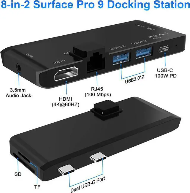 Alt view image 2 of 7 - Surface Pro 9 Docking Station,Surface Pro 9 10 11 Hub Adapter with 100 Mbps LAN, 4K HDMI,100W USB-C (Display+Data+PD Charging),USB 3.0,3.5mm Audio,SD/TF Card Reader for Microsoft Surface Pro 11/10/9
