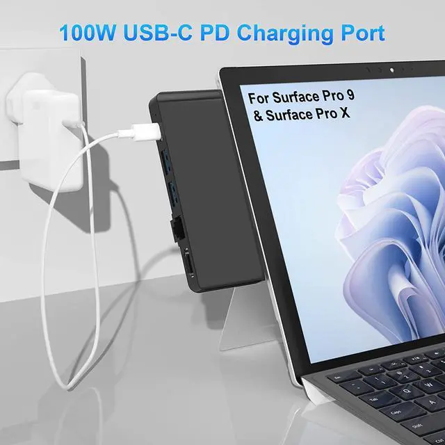 Alt view image 5 of 7 - Surface Pro 9 Docking Station,Surface Pro 9 10 11 Hub Adapter with 100 Mbps LAN, 4K HDMI,100W USB-C (Display+Data+PD Charging),USB 3.0,3.5mm Audio,SD/TF Card Reader for Microsoft Surface Pro 11/10/9