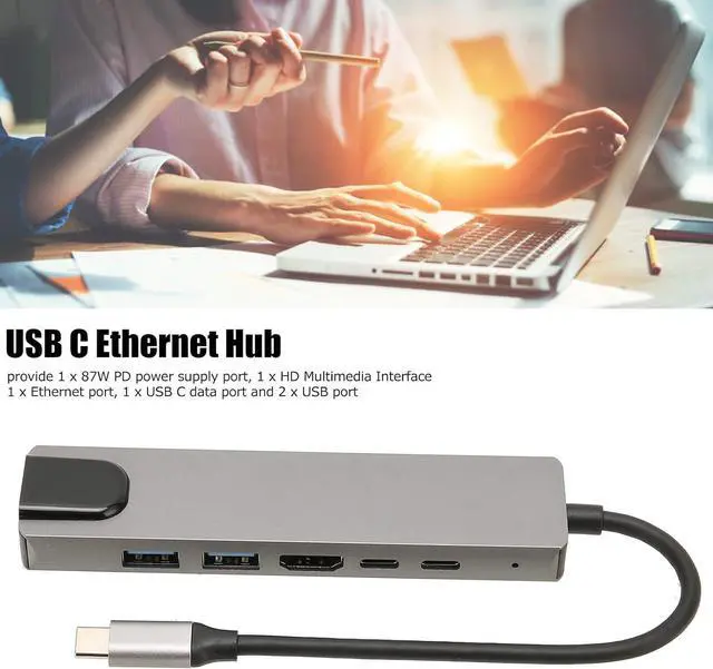 Alt view image 2 of 7 - USB C Hub, 6 in 1 Type C to HDTV Multiport Adapter with Ethernet, 4K HDMI, 87W PD & 2 USB 2.0 Ports, 5Gbps High Speed USB C Docking Station for USB C Laptops and Other Type C Devices