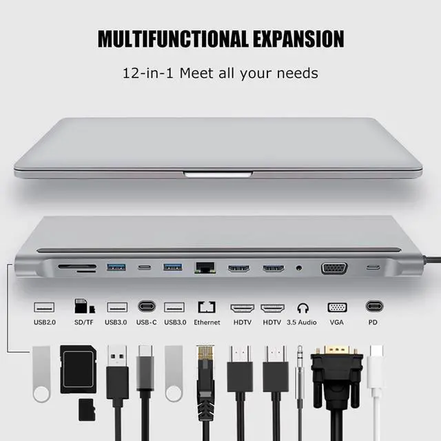 Alt view image 2 of 7 - USB C Docking Station Dual Monitor, Type C to Dual HDMI Adapter 12 in 1 USB C Hub with VGA, RJ45, 87W PD, USB Ports, SD/TF Card Reader, Audio and Type C Ports