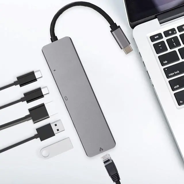 Alt view image 5 of 7 - 6 in 1 USB C Hub: 4K30Hz Output, 100Mbps Ethernet, PD Charging, 2X USB 3.0, Aluminum