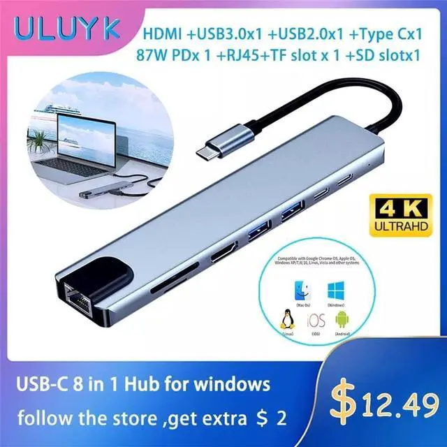 Alt view image 3 of 6 - MVUYO Type C 3.0 Docking Station for Laptop Adapter RJ45 TF/SD Card Splitter for Windows for iOS(E)