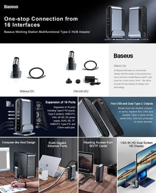 Alt view image 2 of 7 - 16-in-1 USB C Docking Stations, Universal Laptop Docking Station, Dual Display, with HDMI/VGA Output Hub, 100W USB-C PD, SD/TF Card Reader for Windows, PC, Mac, Laptop
