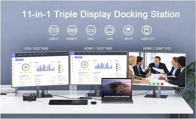Alt view image 3 of 7 - Dual HDMI VGA Adapter Compatible USB 3.0 Hub - USB Docking Station, 11 in 1 Triple Display Laptop Docking Station Dual Monitor, for HP, Dell, USB Dock