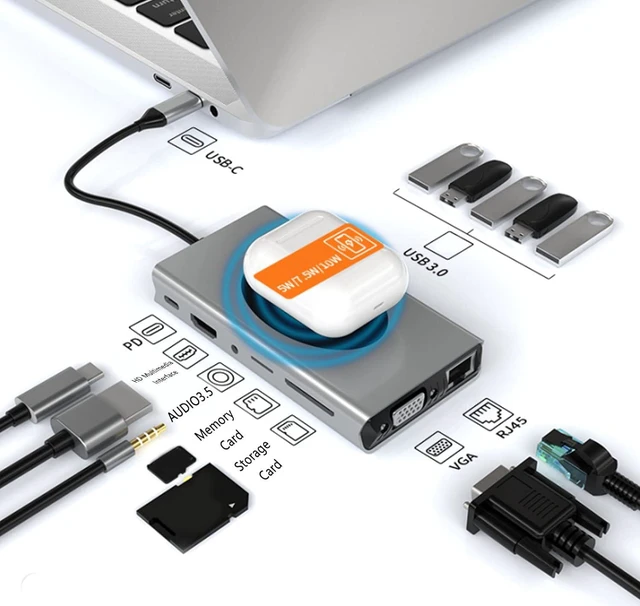 Alt view image 3 of 7 - USB C Hub, 13 in 1 Type C Hub with 4K, VGA, Charging, SD and TF Reader, RJ45, 3.5mm Audio, Portable USB Splitter for Mouse Keyboard