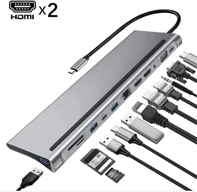 Alt view image 7 of 7 - USB Hub,12 in 1 USB C Hub Laptop Docking Station Type-C to Dual HDMI-Compatible/VGA/USB 3.0 Hub/PD/RJ/Micro-SD/TF,Compatible with PC, Mac, Printer, Mobile HDD