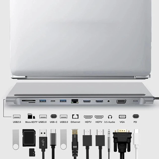 Alt view image 5 of 7 - USB Hub,12 in 1 USB C Hub Laptop Docking Station Type-C to Dual HDMI-Compatible/VGA/USB 3.0 Hub/PD/RJ/Micro-SD/TF,Compatible with PC, Mac, Printer, Mobile HDD