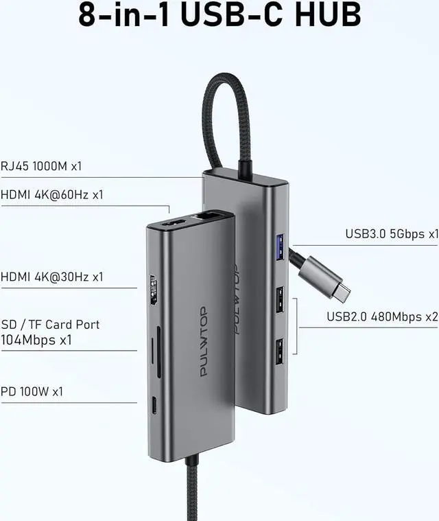 Alt view image 2 of 7 - USB C Docking Station to Dual HDMI Adapter, 9 in 1 USB C Hub Dual HDMI Monitors USB C Adapter with Dual HDMI, 3 USB 3.0, Ethernet, PD Compatible for Dell XPS 13/15, Lenovo Yoga, etc