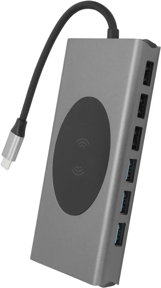 Alt view image 5 of 7 - 15 in 1 USB C Docking Station, 4K 30Hz, 10W Wireless Charging, Multiport Hub with VGA, RJ45, USB 3.0, USB 2.0, SD Card Reader, 3.5mm Audio, Grey