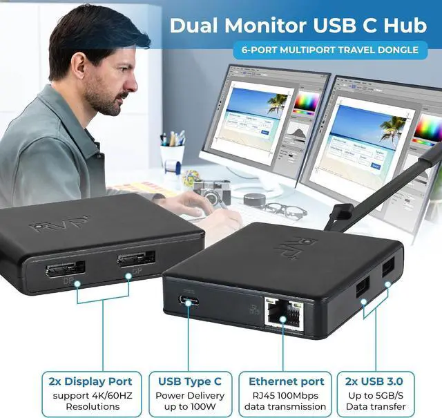 Alt view image 2 of 5 - Docking Station Dual Monitor, 6-in-1, 100W Laptop-Charging, DisplayPort Multi-Stream Transport (MST), Ethernet, Compatible with Thunderbolt 3 Laptop (RVP-601)