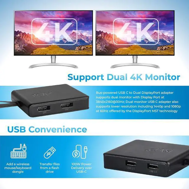 Alt view image 3 of 5 - Docking Station Dual Monitor, 6-in-1, 100W Laptop-Charging, DisplayPort Multi-Stream Transport (MST), Ethernet, Compatible with Thunderbolt 3 Laptop (RVP-601)