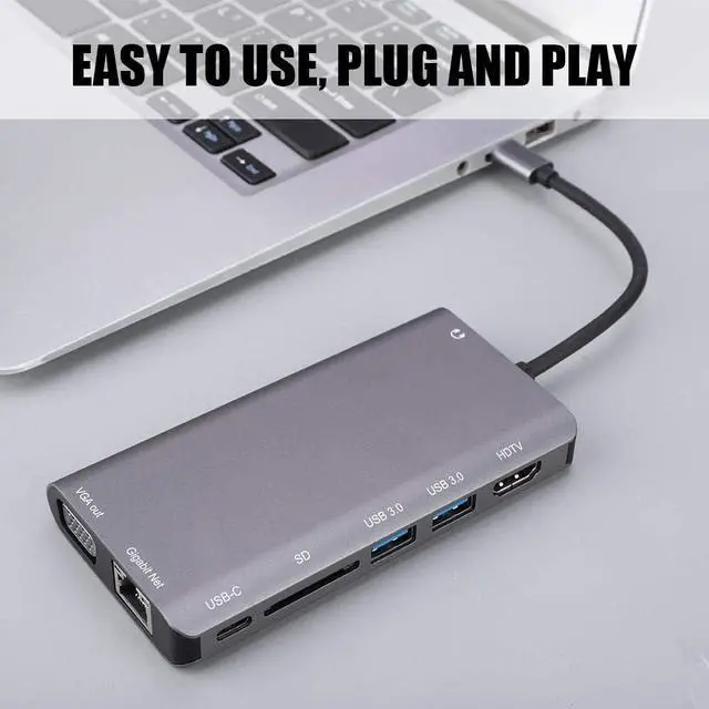 Alt view image 4 of 7 - Type-C USB Hub, 8 in 1 USB3.0x2+HDMI/VGA+Jack 3.5+Gigabit Network LAN+Type-C(Pd) Port Adapter Charging Docking Station for Notebook Laptop