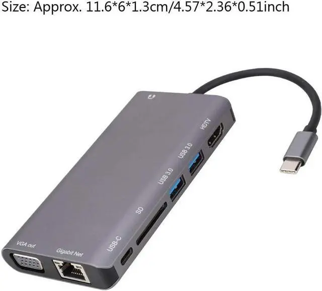 Alt view image 5 of 7 - Type-C USB Hub, 8 in 1 USB3.0x2+HDMI/VGA+Jack 3.5+Gigabit Network LAN+Type-C(Pd) Port Adapter Charging Docking Station for Notebook Laptop