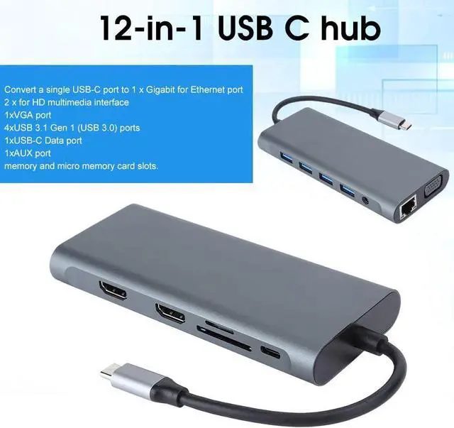 Alt view image 2 of 7 - 12 in 1 USB C Hub, Portable USB 3.0 for HDMI VGA PD USB Hub for OS X Laptop Docking Station Adapter SD and MicroSD Card Slots are Supported Support 10/100/1000Mbps Network Speed