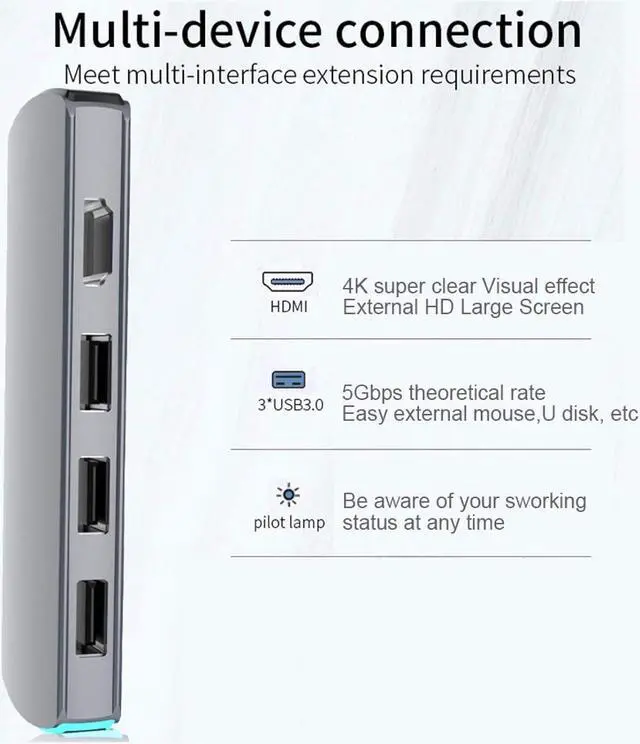 Alt view image 5 of 7 - USB C Hub,6-in-1 Multifunctional HD Docking Station Type-C to HDMI USB3.1 HUB with Breathing Light