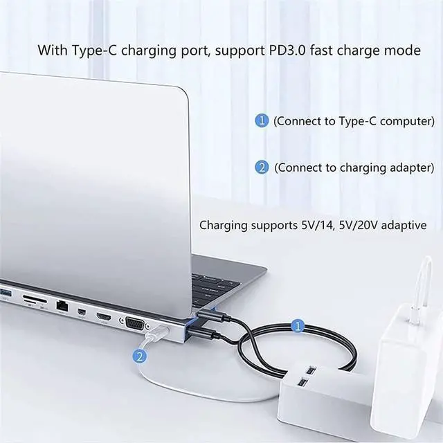 Alt view image 4 of 7 - USB C Docking Station, 11in-1 USB C Hub with HDMI, Mini DP, VGA, Ethernet, 3 USB 3.0, SD/TF, 3.5mm Ports, PD 100W
