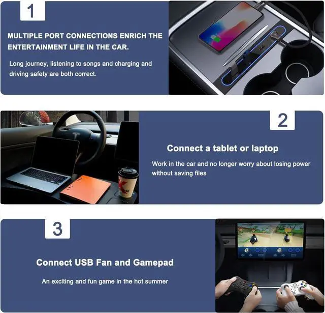 Alt view image 4 of 7 - USB Shunt Hub Car Smart Docking Station for 2021 Tesla Model 3 Model Y 4-in-1 USB Splitter Extension 27W Quick Charger (Black)