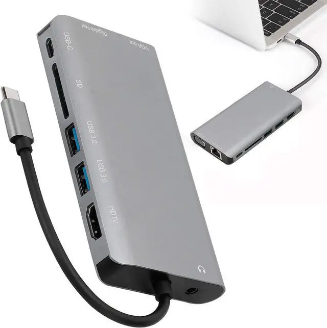 Alt view image 7 of 7 - 8 in 1 Multifunction Laptop Hub, Type C to RJ45 VGA USB3.0 Jack SD HDTV PD Interface, Gray Aluminum Alloy, Fast Charging Support, High Speed Data Transmission