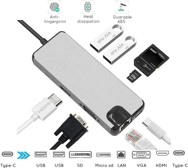 Alt view image 2 of 7 - 8 in 1 Type C Hub USB Docking Station with 87W PD Fast Charging VGA 4K HD USB 3 0 Ports and RJ45 Ethernet USB Docking Station Aluminum Alloy Design for Laptop Docking Station