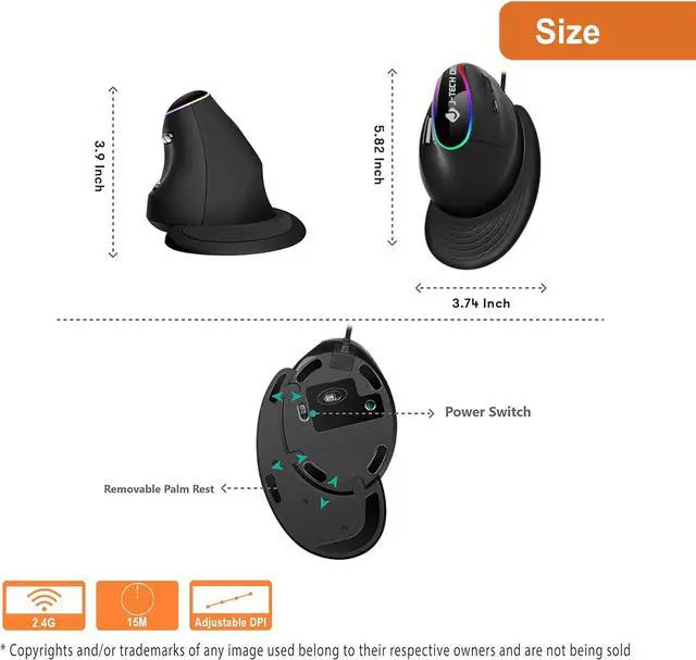 Alt view image 2 of 7 - J-Tech Digital Ergonomic Mouse with Wired Connection, Removable Palm Rest, Thumb Buttons, 800, 1200, 1800, 3200 Adjustable DPI; Compatible with Windows and MAC OS [V638R]