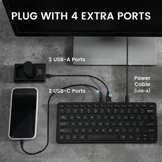 Alt view image 2 of 7 - Perixx PERIBOARD-416 Wired Mini USB Keyboard with 4 Hubs - X Type Scissor Keys - Detachable USB-C and A Cable - US English