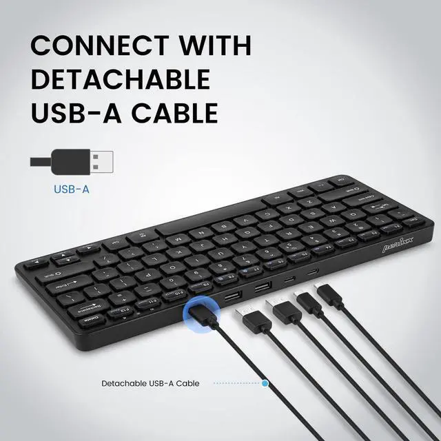 Alt view image 3 of 7 - Perixx PERIBOARD-416 Wired Mini USB Keyboard with 4 Hubs - X Type Scissor Keys - Detachable USB-C and A Cable - US English