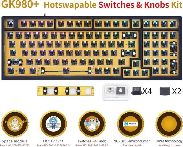 Alt view image 2 of 7 - YMDK Plastic GK980 Triple-Mode 4 Knobs Gasket RGB Hot Swappable Macro Programmable Bluetooth Wired 2.4G Mechanical Keyboard Barebone