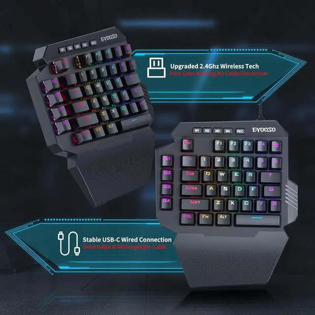 Alt view image 2 of 7 - Wireless One Handed Mechanical Gaming Keyboard, 6 Onboard Macro Keys, 2.4Ghz and USB-C Wired Dual Mode, RGB Led Backlit Blue Switch, Wrist Rest, Durable Battery