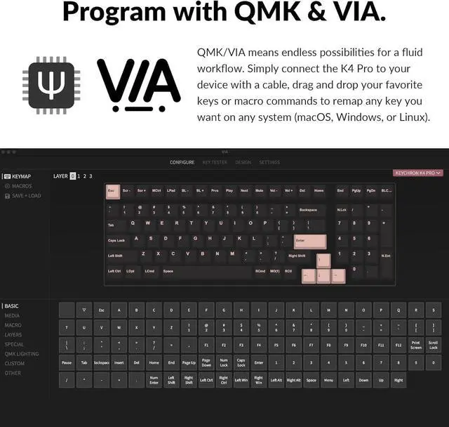 Alt view image 2 of 7 - Keychron K4 Pro Custom Wireless Mechanical Keyboard, 96 Keys Hot-swappable QMK/VIA Programmable Macro with K Pro Brown Switch RGB Backlit Compatible Mac Windows Linux - Black