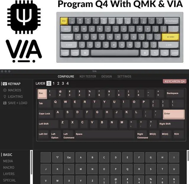 Alt view image 2 of 7 - Keychron Q4 Wired Custom Mechanical Keyboard, QMK/VIA Programmable Macro, Full Aluminum, Hot-Swappable Gateron G Pro Red Switch, 60% Layout Double Gasket Compatible with Mac and Windows - Gray