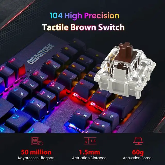 Alt view image 2 of 7 - Gigastone 2 Pack RGB Gaming Keyboard, Brown Switch, RGB LED Rainbow Backlit Mechanical Keyboard, Precise Tactile Feedback, Full Anti-Ghosting, Full Size 104 Keys, Black